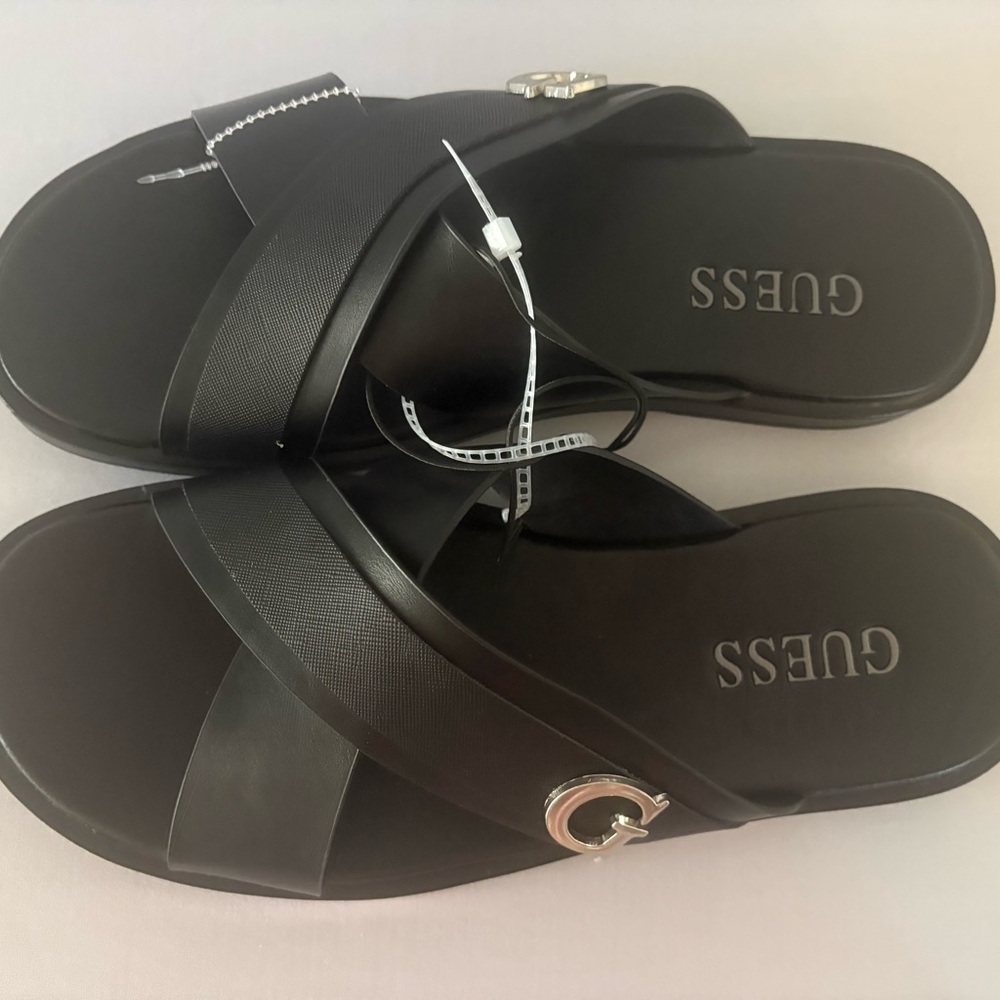 GUESS Black Slide Sandals with Silver Accent - Picture 2 of 6
